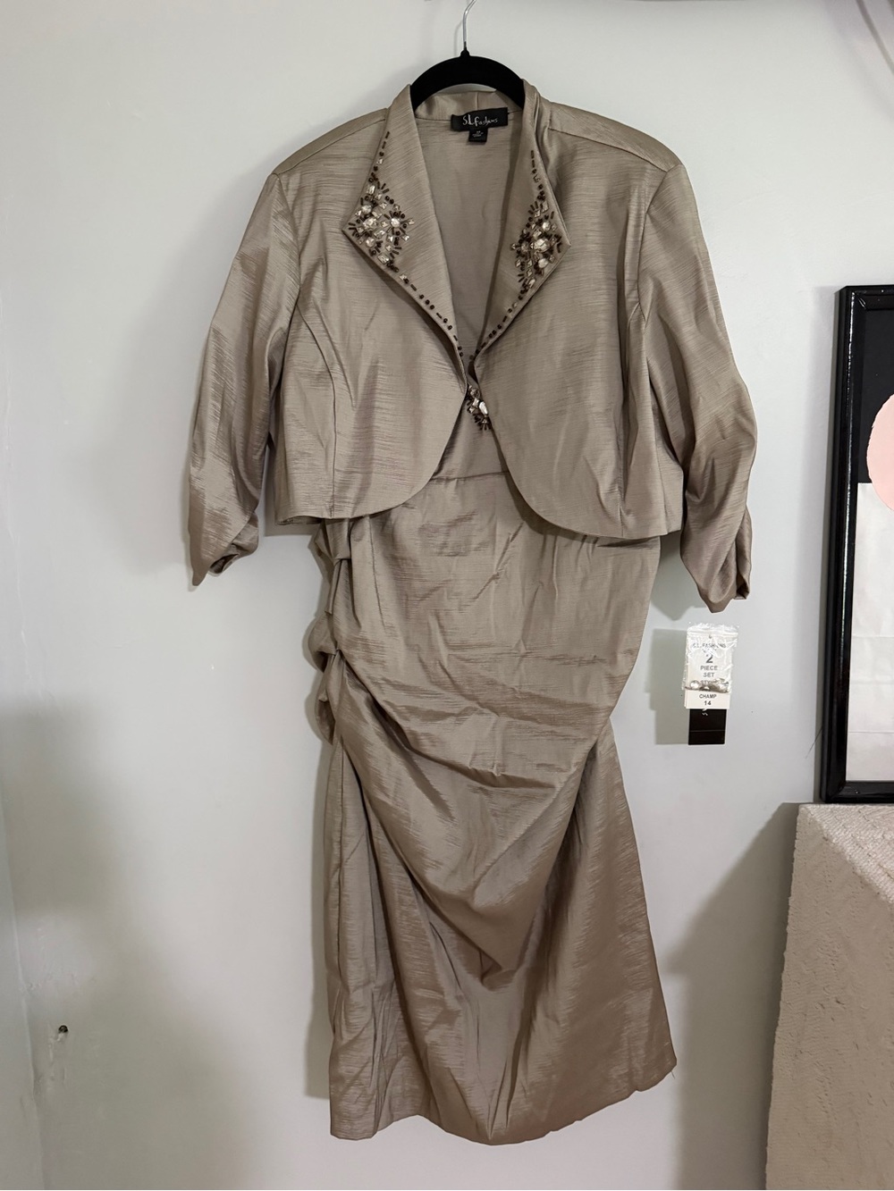 St. John Taupe Jeweled Collar Skirt Set